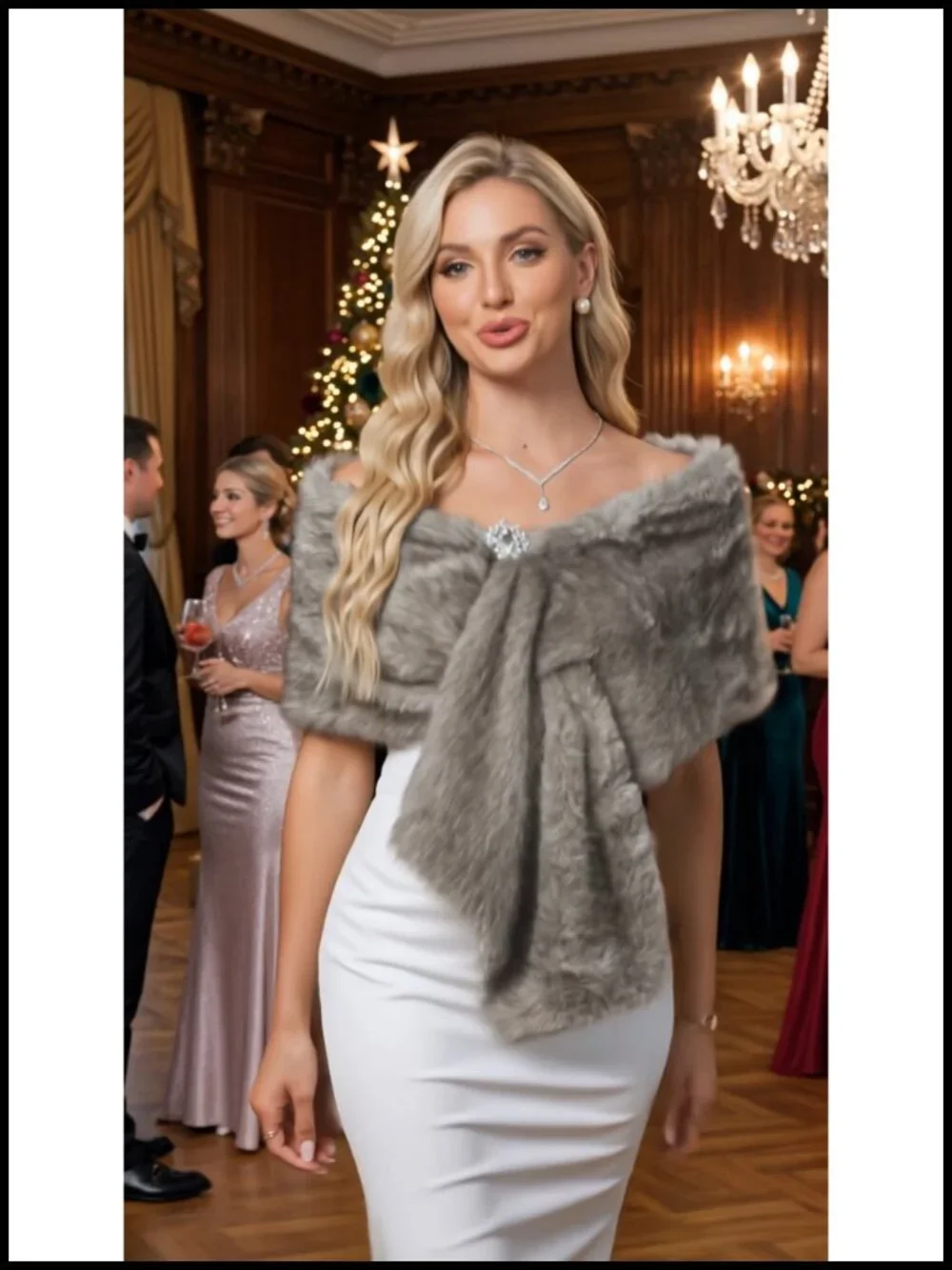 Faux Fur Shawl Wrap for Wedding Bridal Winter Cape Stole with Rhinestone Brooch